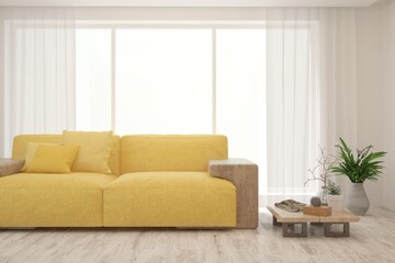Soft color living room with sofa. Scandinavian interior design. 3D illustration