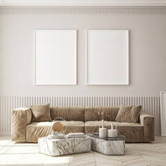 mock up poster frame in modern interior background, living room, Art Deco style, 3D render, 3D illustration