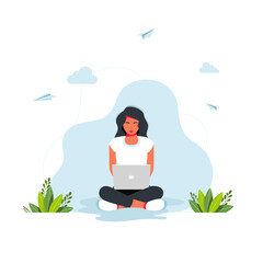 Fototapeta na wymiar Freelance, online studying, work from home concept. girl sitting with laptop in a lotus position. The girl sits in the lotus position and works on a laptop with a home plant in the background.