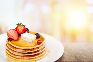 Stack of delicious pancakes, homemade breakfast concept