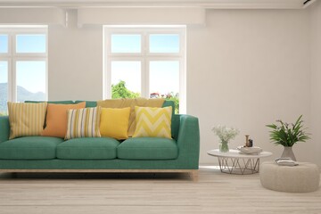 White living room with sofa and summer landscape in window. Scandinavian interior design. 3D illustration