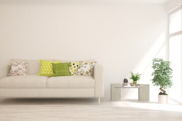 White living room with sofa. Scandinavian interior design. 3D illustration