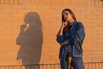 Pretty young woman with her shadow reflected on the brick wall