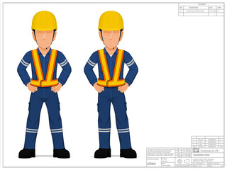 Set of industrial worker with arms akimbo on white background