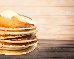 Stack of delicious pancakes, homemade breakfast concept