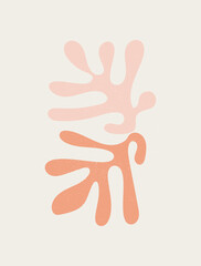 Matisse art inspired poster. Abstract vector minimalist wall art decor. Simple oraganic coral like shape in pastel colors on beige background with isolated worn out texture.