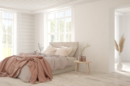 Fototapeta Soft color bedroom interior. Scandinavian design. 3D illustration
