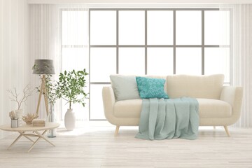 Soft color living room with sofa. Scandinavian interior design. 3D illustration