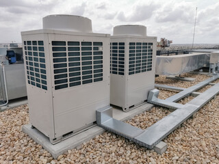 View of exterior VRV air conditioning units, extraction and insufflation, HVAC system, on the building roof
