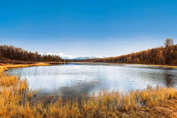 Fototapeta premium View of lake Kidelu against the background of snow-capped peaks of the Kurai range. Ulagansky District, Altai Republic, Russia