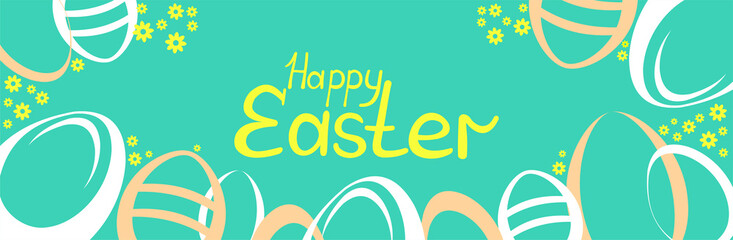 happy easter banner poster greeting eggs written text blue background