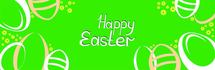 
happy easter banner poster greeting eggs written text green background