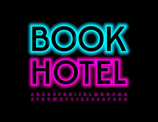 Vector business logo Book Hotel. Violet Glowing Font. Set of Neon Alphabet Letters and Numbers