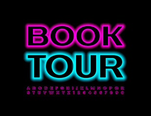 Vector neon emblem Book Tour. Violet Glowing Font. Illuminated Alphabet Letters and Numbers set