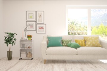 White living room with sofa and summer landscape in window. Scandinavian interior design. 3D illustration