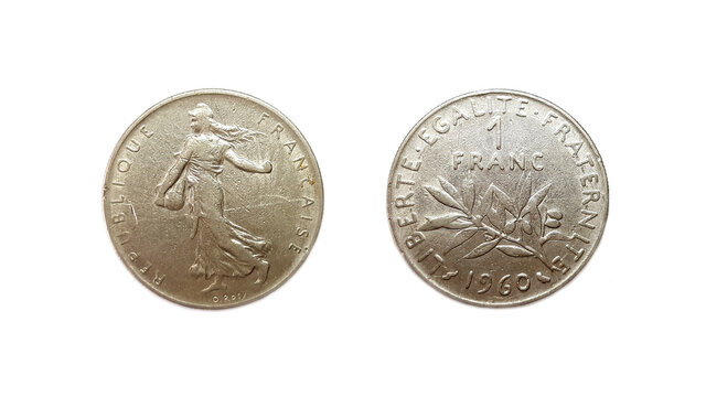1 Franc Coin of France Front and Back Side Isolated on White Background