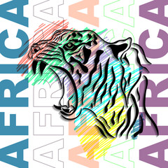 Tiger on the background of the African continent. Suitable for print, banner, background, sticker, postcards, covers. Vector illustration
