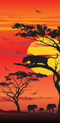 Sunset African savannah landscape. Silhouettes of panther on the tree and elephants on sunset background.