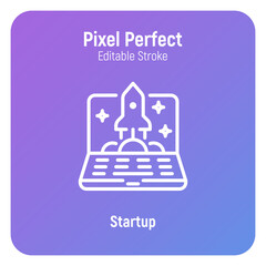 Startup symbol. Innovation, new online business. Rocket on laptop screen. Pixel perfect, editable stroke. Vector illustration.