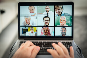 Online business conference screen in hands new normal