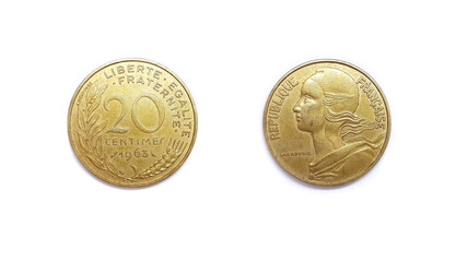1963 France 20 Centimes Coin Front and Back Side Isolated on White Background