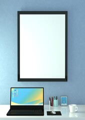 水色の部屋に飾られた無地の額縁　ノートパソコン　3DCGイラスト　ポスター　雑貨