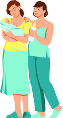 Vector flat design illustration: two young women and infant baby. Sunny yellow and calm blue colors. Sisters, friends or lgbt family sharing happy moments together at home. Elements for card, poster.