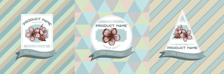 Three colored labels with illustration of sakura flowers