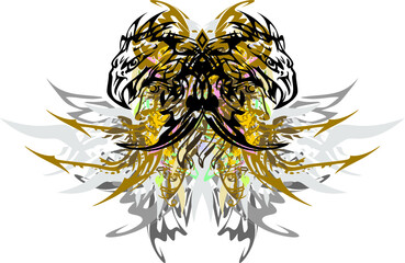 Eagle butterfly wings with golden arrows and gray feathers elements. Splattered butterfly wings formed by eagle heads with floral motifs and arrows for prints, textiles, wallpaper, posters, tattoos