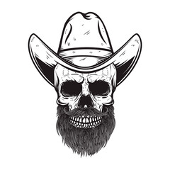 Illustration of skull in cowboy hat. Design element for logo, label, sign, poster. Vector illustration