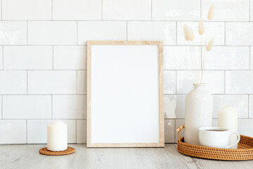 Design Scandinavian interior of living room picture frame mockup, rattan tray with vase of dry...