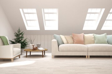 White living room with sofa. Scandinavian interior design. 3D illustration