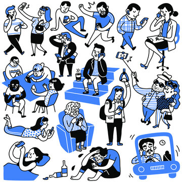 Doodles set of various people using smartphone in many ways, multi-ethnic, diverse, group, men and women, adult and teen. Hand drawn sketch, cute and funny. 