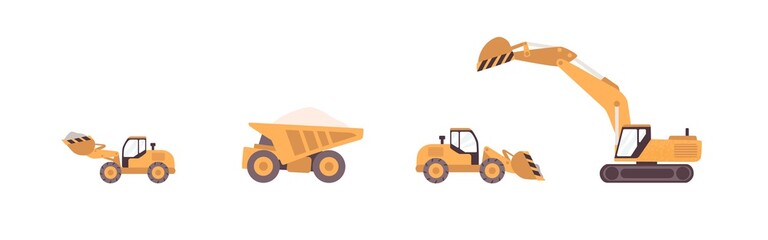 Dump truck, excavator, bulldozer, and backhoe isolated on white. Set of tracked and wheeled building machinery with digging buckets. Colored flat vector illustration of heavy industrial equipment © Good Studio