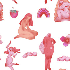 Geometric raster female seamless pattern. Abstract motifs with shapes and nude girls. Illustration can be used for wallpapers, pattern fills, web page backgrounds,surface textures.	
