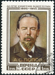 RUSSIA - 1955: shows Alexander Stepanovich Popov (1859-1906), physicist, electrical engineer and...
