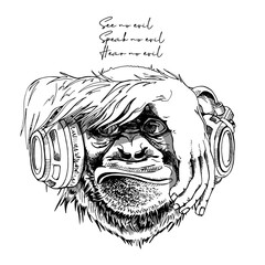 Funny Monkey in a headphone has its eyes covered by its hand. See no evil, Speak no evil, Hear no evil - lettering quote. Humor card, t-shirt composition, hand drawn style print. Vector illustration.