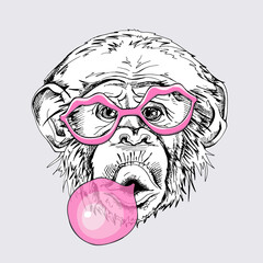 Portrait of a Funny Monkey in a Lips Sunglasses and with a pink bubble gum. Humor card, t-shirt composition, hand drawn style print. Vector illustration.