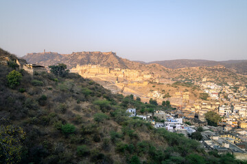 Fototapeta na wymiar Amer Fort is located in Amer, a town with an area of 4 sq. kilometres, not far from Jaipur, Rajasthan state, India. Located high on a hill, it is the principal tourist attraction in the Jaipur 