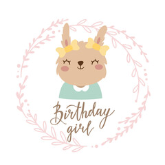 Cute bunny in a wreath. birthday. Little girl baby. birthday girl . Rabbit with bows