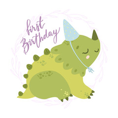 Cute dinosaur first birthday. Charming dino. Birthday party, newborn baby