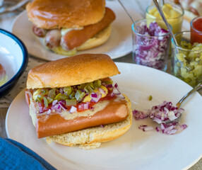 Hot dog burger with pickles, red onions, mustard and ketchup served on a plate at home