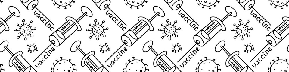 Vector seamless pattern on theme of vaccination. Contour molecules, coronavirus cells and a vaccine syringes. Medical background and texture in the Doodle style