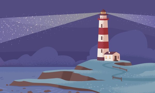 Scenic landscape with lighthouse on sea or ocean coast at night. Seascape with light beams from coastal beacon on seashore. Coastline nautical building. Colored flat textured vector illustration