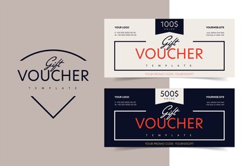 Gift voucher, discount certificate or shop invitation promo. Shopping present coupon or special vector card with different value, brand company name and elegant design illustration - obrazy, fototapety, plakaty