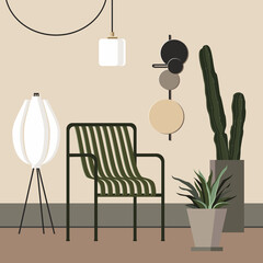 Furniture: chair, floor lamp, plants and decor. Living room interior.