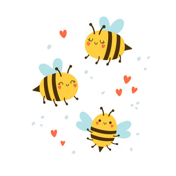 vector set of cute bees and hearts illustration