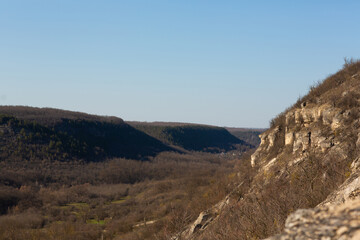 Colourful landscape with high mountains, green pine forest and blue sky. Mountain valley.
