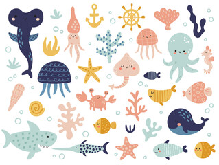 big vector set of cute underwater animals