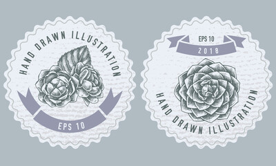 Monochrome labels design with illustration of camellia japonica
